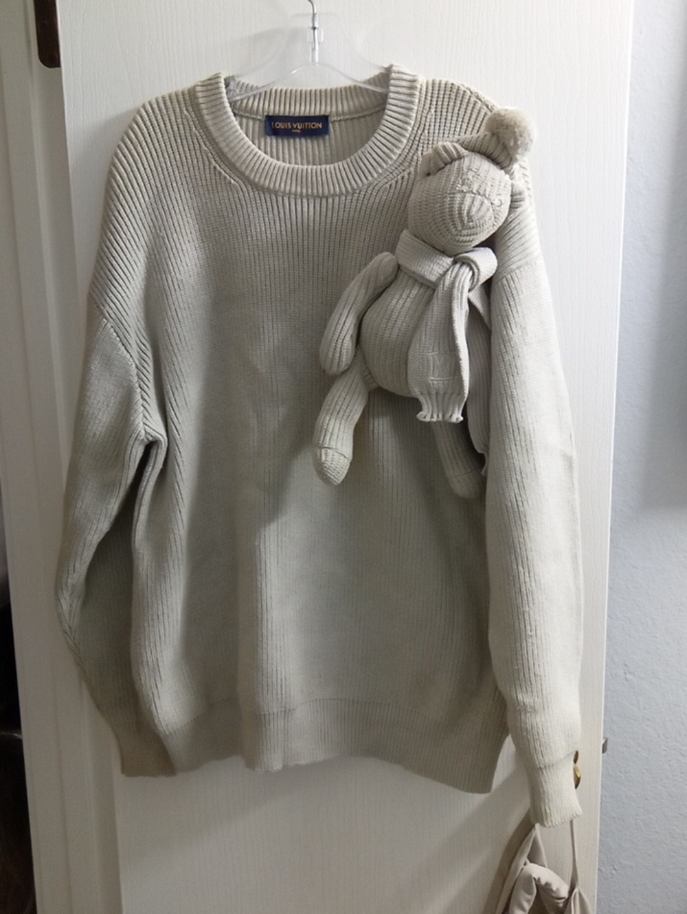 Louis Vuitton Neutral Cream Ribbed Crewneck Sweater with Plush Charm